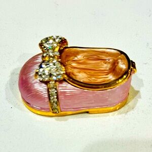 Vintage Pink Enamel Rhinestone Baby Shoe Trinket Box Fabergé Style